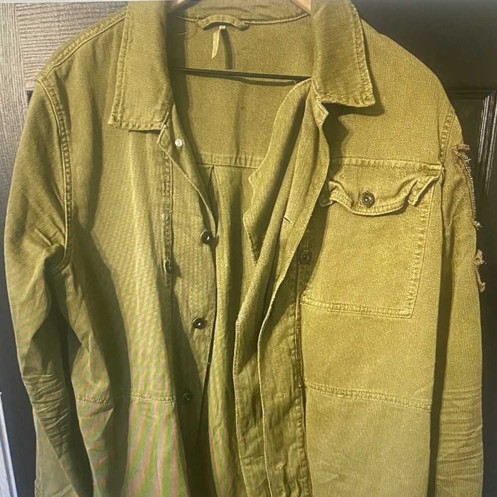 Free People Olive Green Button-Front Utility Shirt